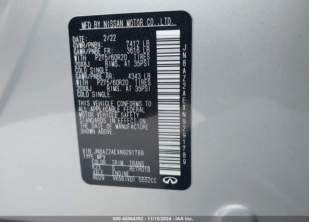 2022 INFINITI QX80 LUXE AWD VIN: JN8AZ2AEXN9291789