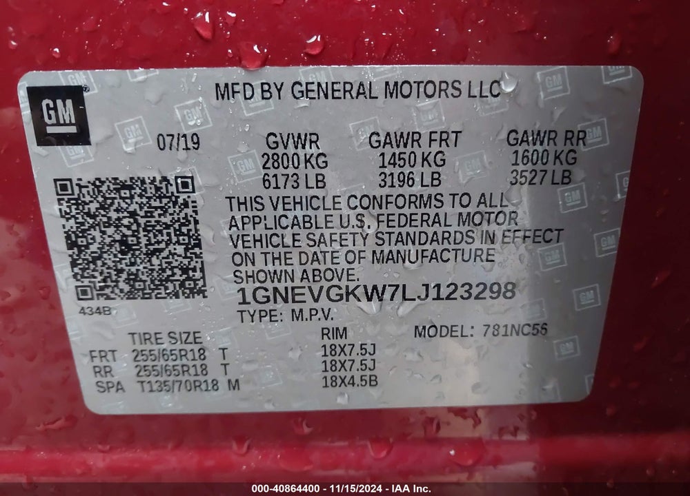2020 CHEVROLET TRAVERSE VIN: 1GNEVGKW7LJ123298