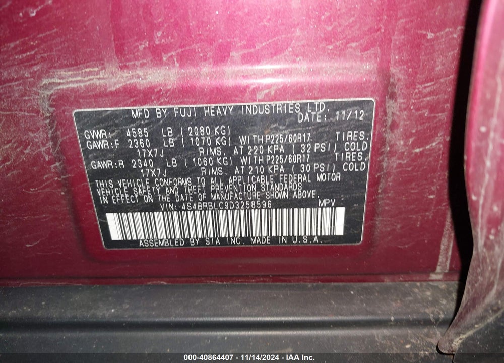 2013 SUBARU OUTBACK 2.5I LIMITED VIN: 4S4BRBLC9D3258596