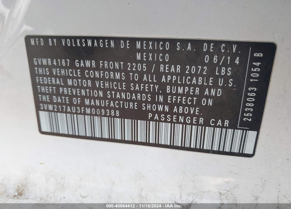 2015 VOLKSWAGEN GOLF VIN: 3VW217AU3FM009388