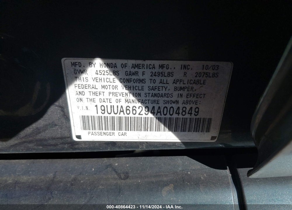2004 ACURA TL VIN: 19UUA66294A004849