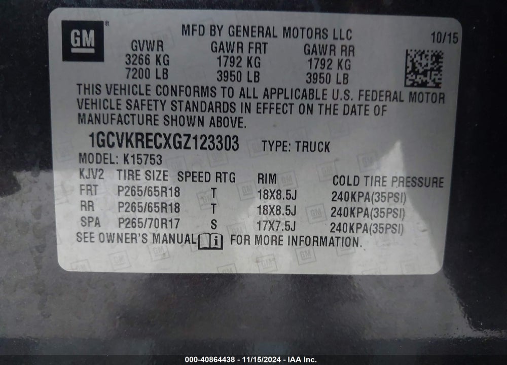 2016 CHEVROLET SILVERADO 1500 2LT VIN: 1GCVKRECXGZ123303