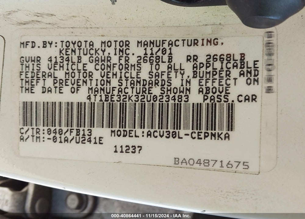 2002 TOYOTA CAMRY LE VIN: 4T1BE32K32U023483