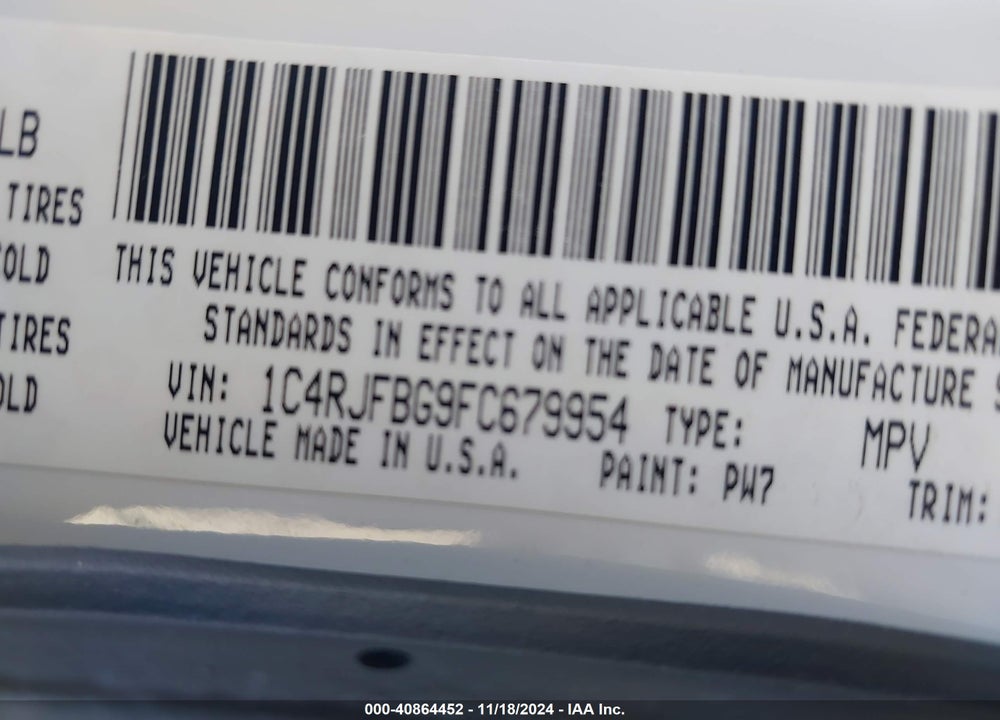 2015 JEEP GRAND CHEROKEE LIMITED VIN: 1C4RJFBG9FC679954