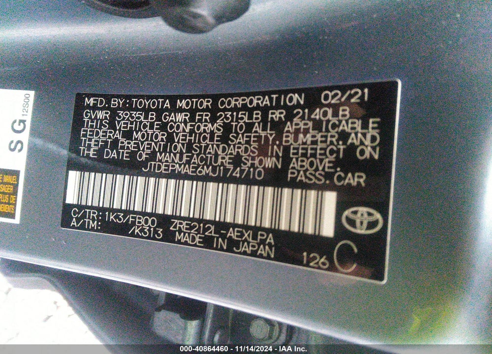 2021 TOYOTA COROLLA VIN: JTDEPMAE6MJ174710