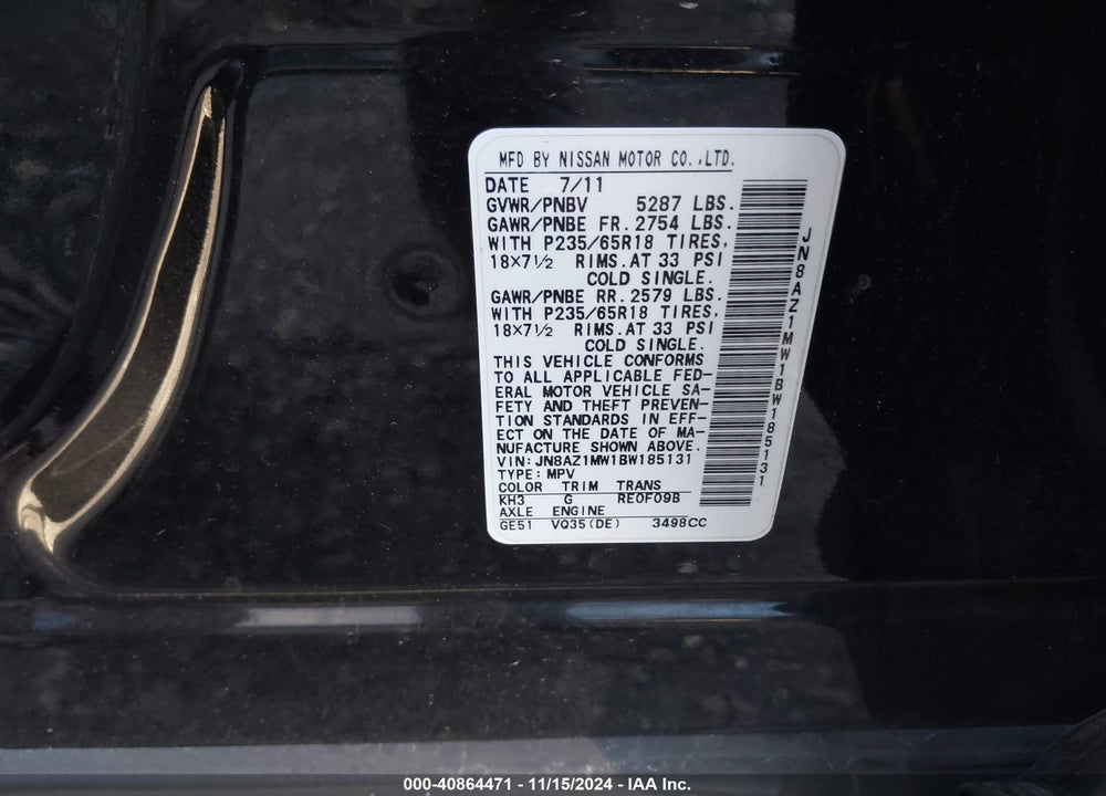 2011 NISSAN MURANO S VIN: JN8AZ1MW1BW185131