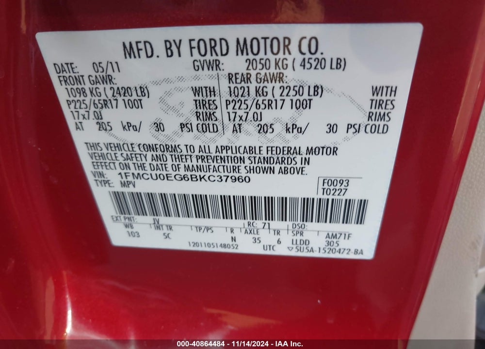 2011 FORD ESCAPE LIMITED VIN: 1FMCU0EG6BKC37960
