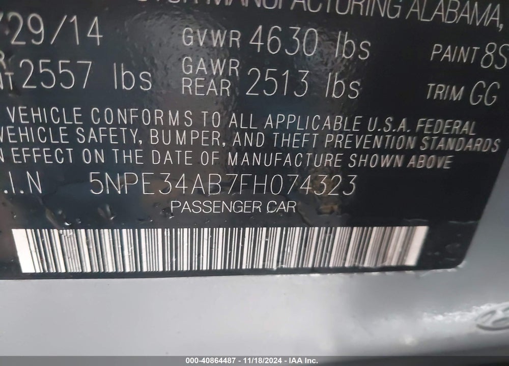 2015 HYUNDAI SONATA SPORT 2.0T VIN: 5NPE34AB7FH074323