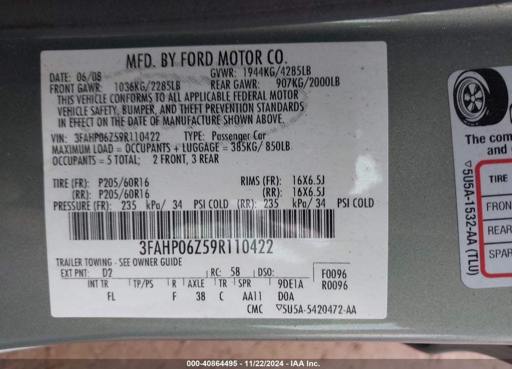 2009 FORD FUSION VIN: 3FAHP06Z59R110422