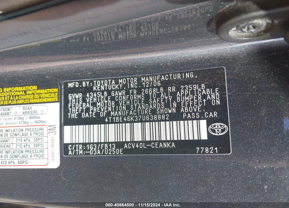 2007 TOYOTA CAMRY LE VIN: 4T1BE46K37U638882