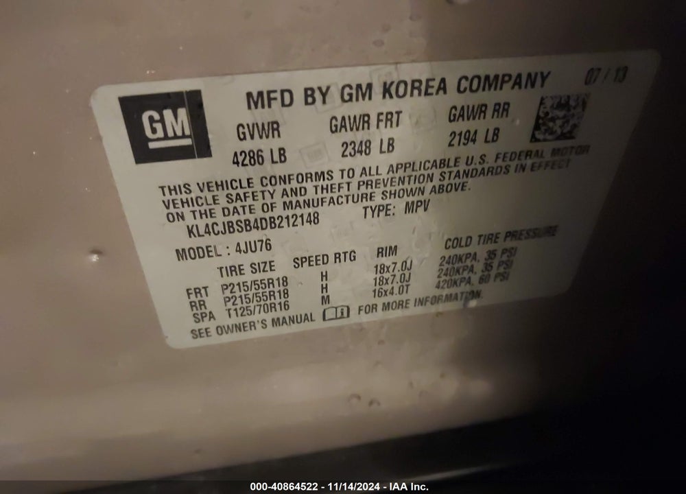 2013 BUICK ENCORE CONVENIENCE VIN: KL4CJBSB4DB212148