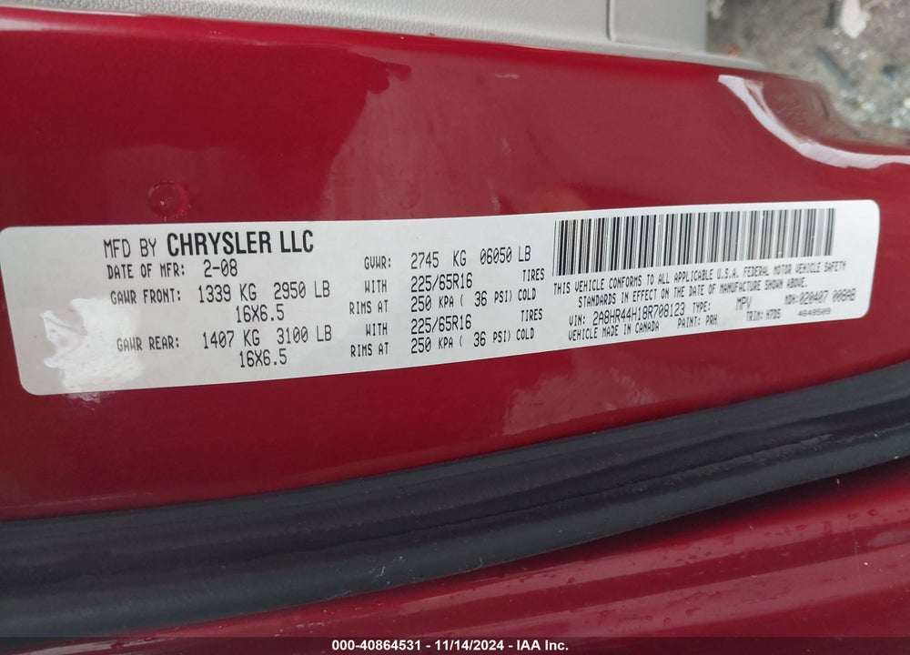 2008 CHRYSLER TOWN & COUNTRY LX VIN: 2A8HR44H18R708123