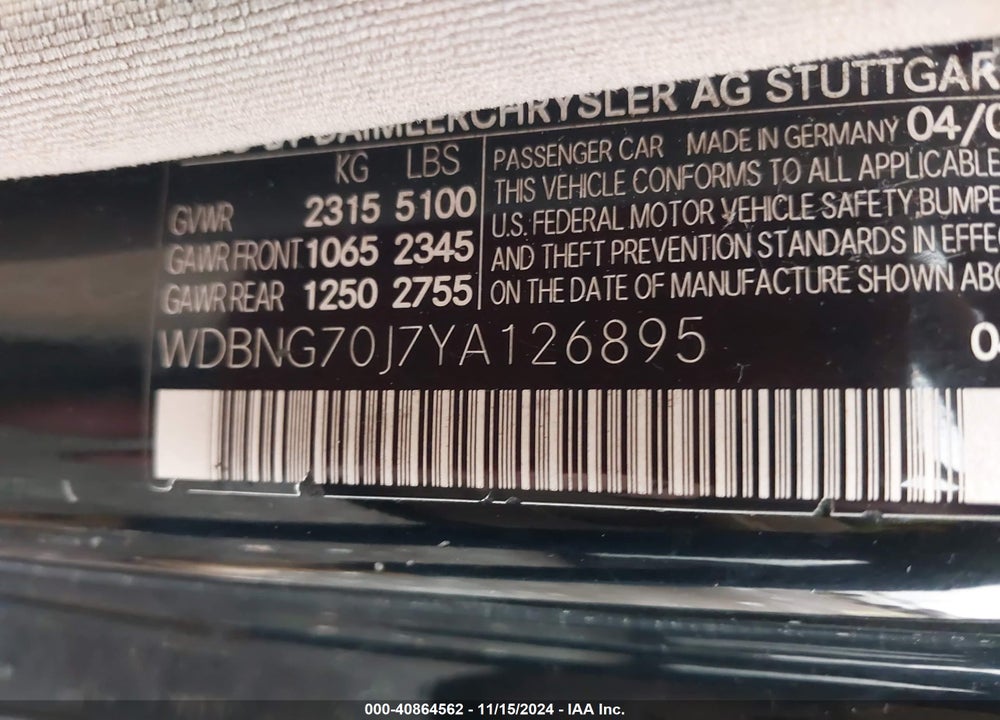 2000 MERCEDES-BENZ S 430 VIN: WDBNG70J7YA126895