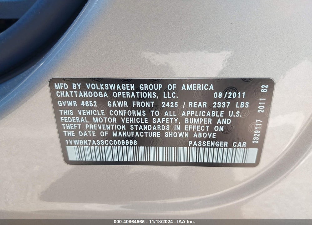 2012 VOLKSWAGEN PASSAT 2.0L TDI SE VIN: 1VWBN7A33CC009996