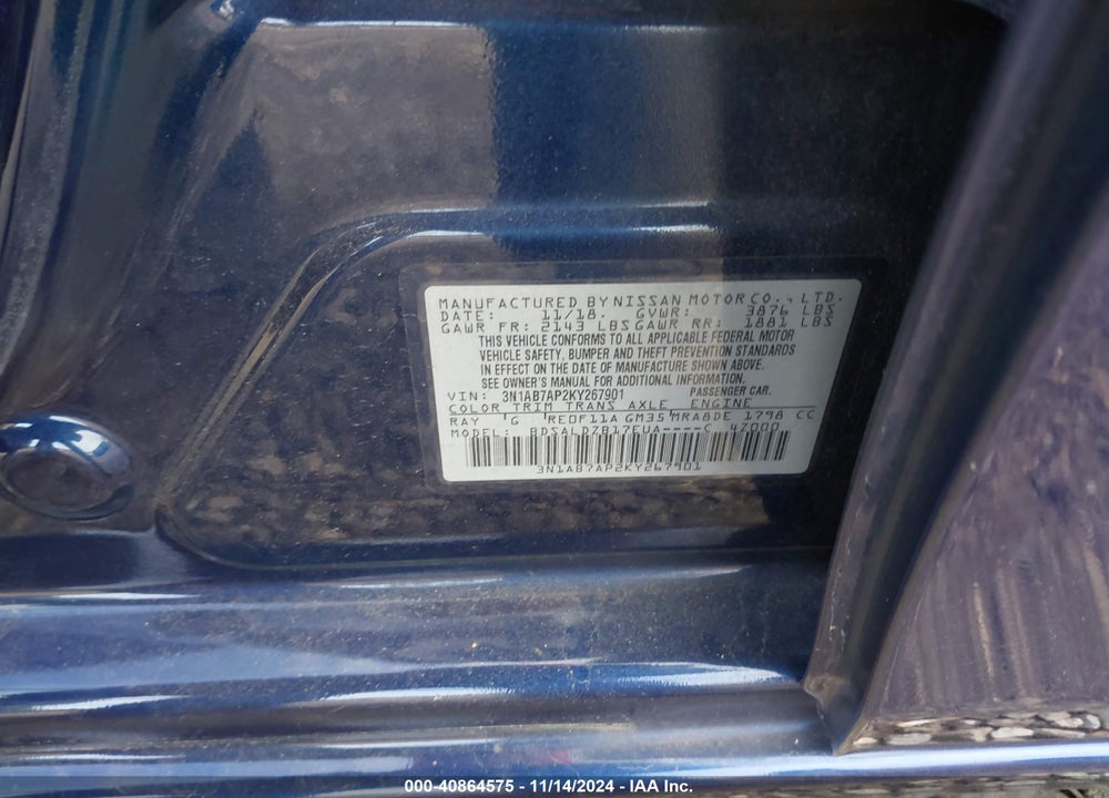 2019 NISSAN SENTRA SV VIN: 3N1AB7AP2KY267901