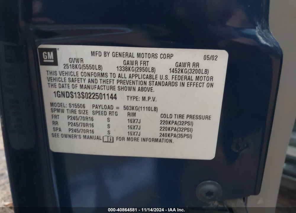 2002 CHEVROLET TRAILBLAZER LS VIN: 1GNDS13S022501144