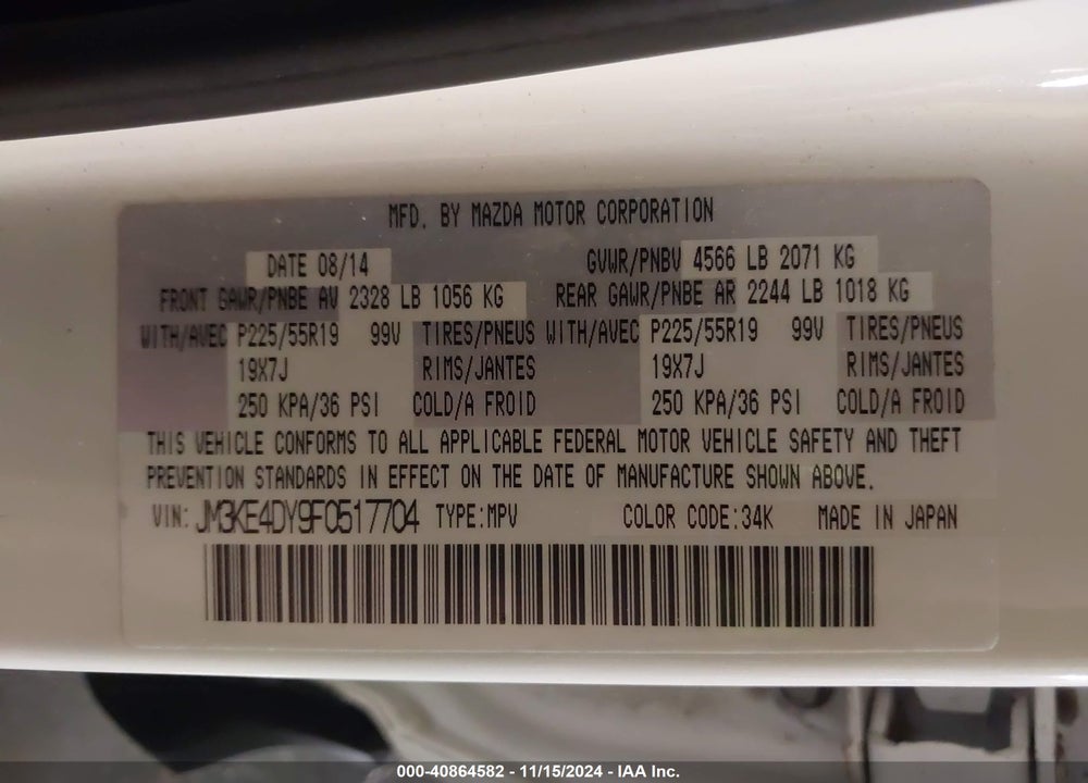 2015 MAZDA CX-5 GRAND TOURING VIN: JM3KE4DY9F0517704