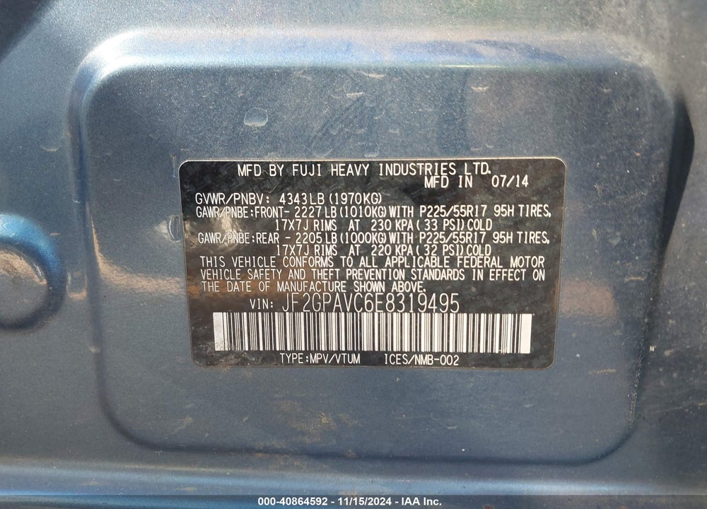 2014 SUBARU XV CROSSTREK 2.0I PREMIUM VIN: JF2GPAVC6E8319495