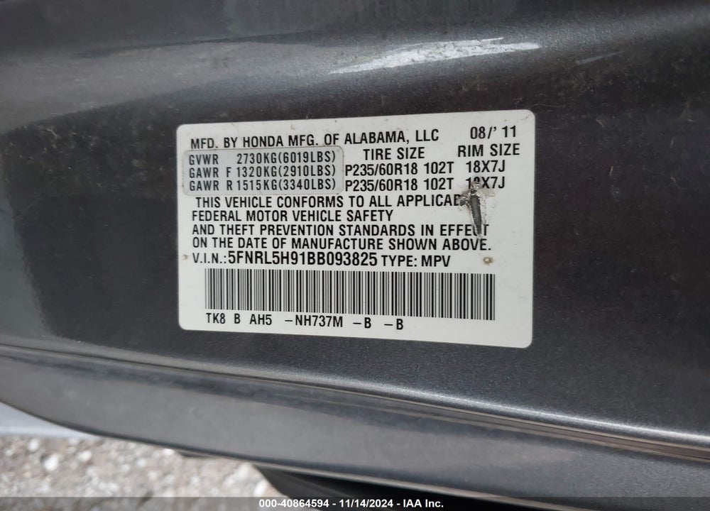 2011 HONDA ODYSSEY TOURING/TOURING ELITE VIN: 5FNRL5H91BB093825