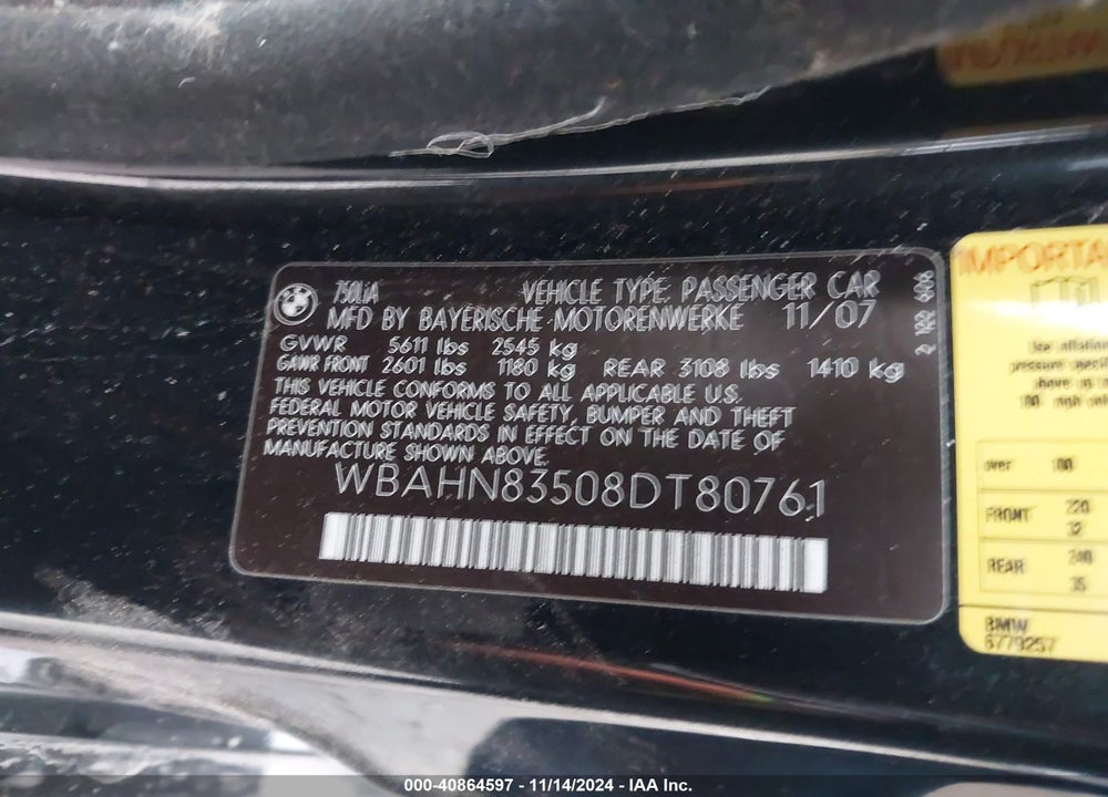 2008 BMW 750LI VIN: WBAHN83508DT80761