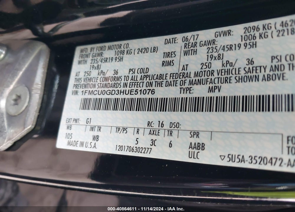 2017 FORD ESCAPE SE VIN: 1FMCU0GD3HUE51076