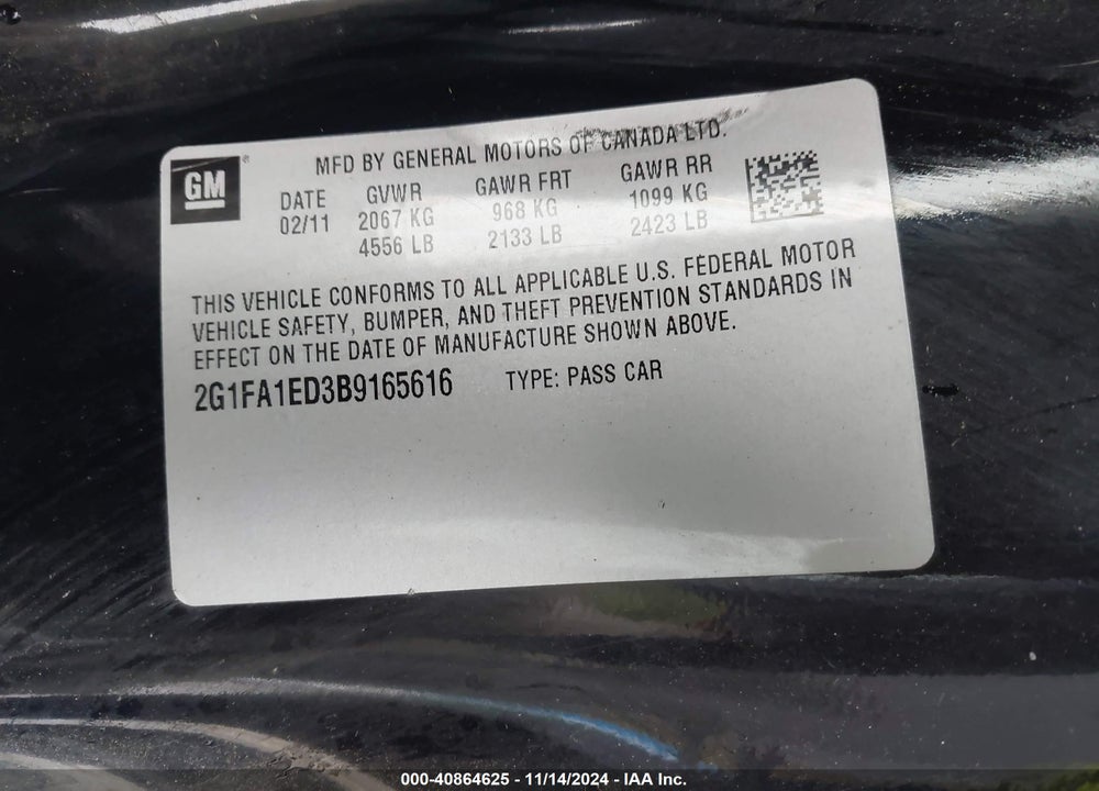 2011 CHEVROLET CAMARO VIN: 2G1FA1ED3B9165616