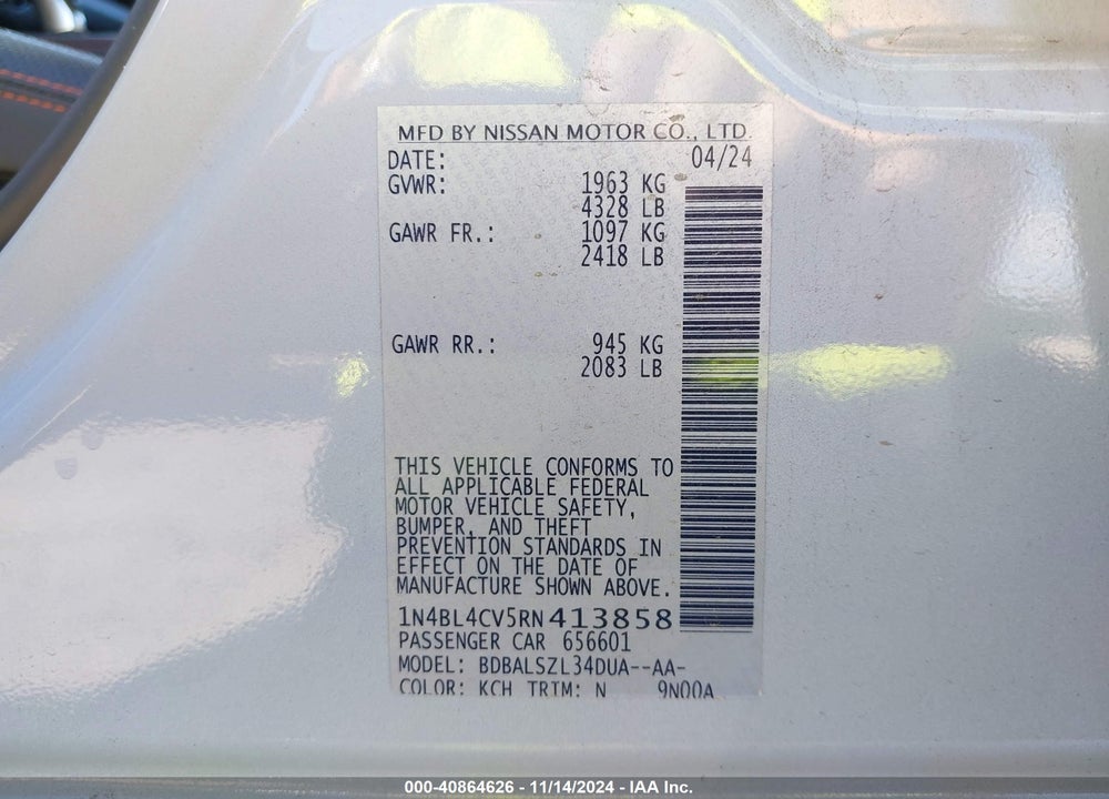 2024 NISSAN ALTIMA VIN: 1N4BL4CV5RN413858