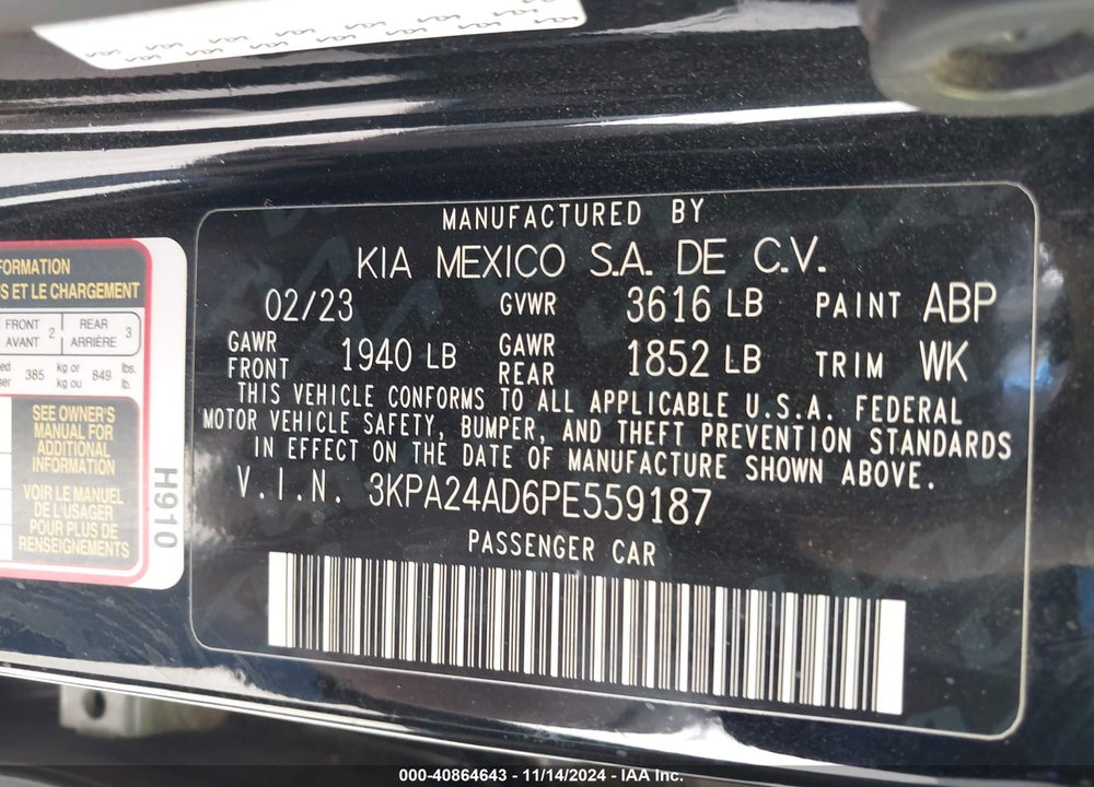 2023 KIA RIO LX VIN: 3KPA24AD6PE559187