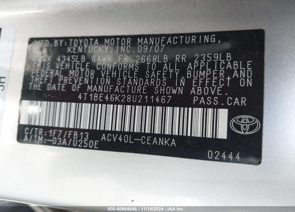 2008 TOYOTA CAMRY LE VIN: 4T1BE46K28U211467