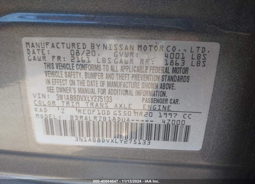 2020 NISSAN SENTRA SR XTRONIC CVT VIN: 3N1AB8DVXLY275133