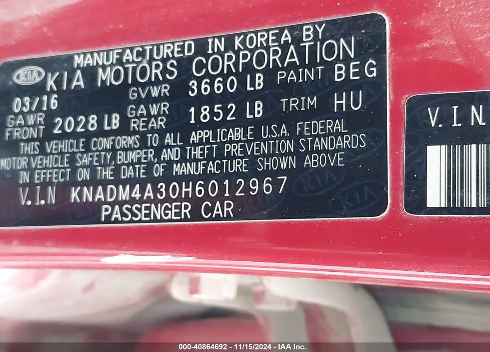 2017 KIA RIO LX VIN: KNADM4A30H6012967