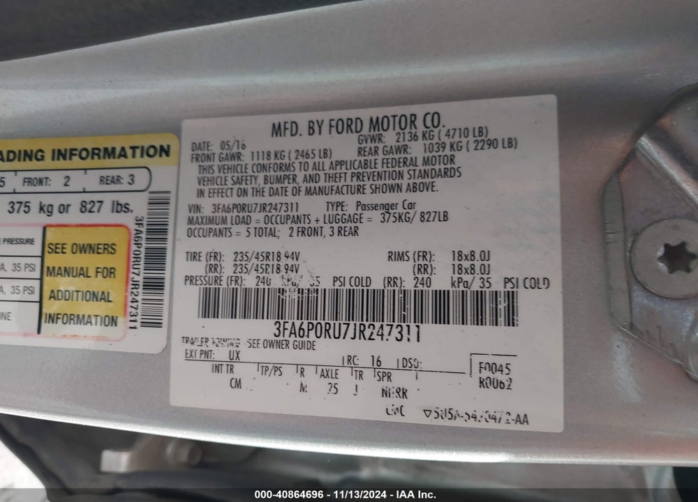 2018 FORD FUSION HYBRID TITANIUM VIN: 3FA6P0RU7JR247311