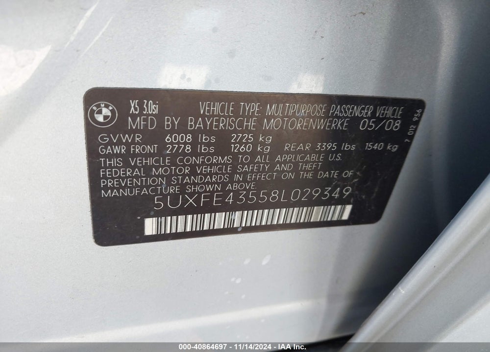 2008 BMW X5 3.0SI VIN: 5UXFE43558L029349
