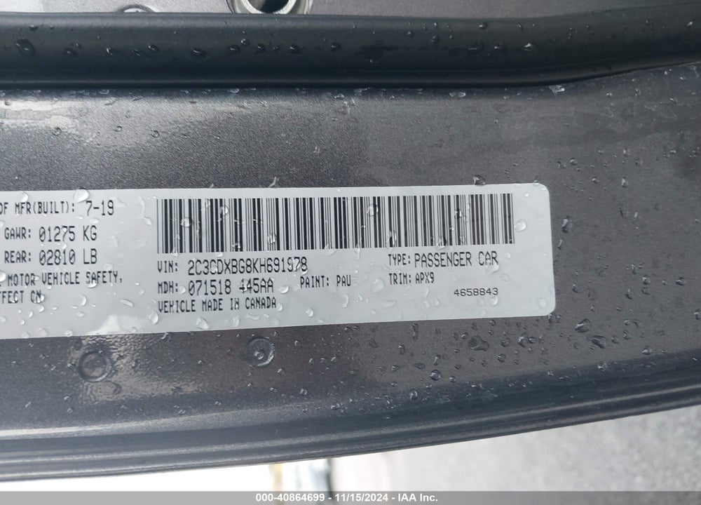 2019 DODGE CHARGER SXT RWD VIN: 2C3CDXBG8KH691978