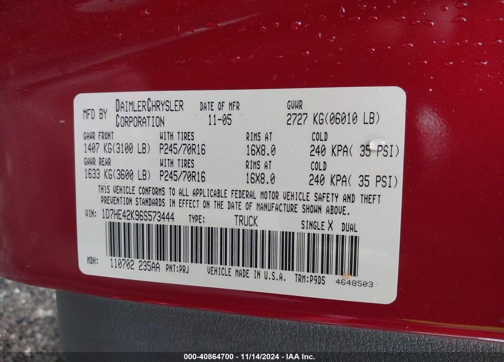 2006 DODGE DAKOTA SLT VIN: 1D7HE42K96S573444