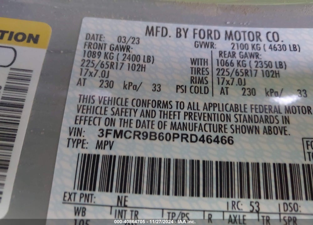 2023 FORD BRONCO SPORT BIG BEND VIN: 3FMCR9B60PRD46466