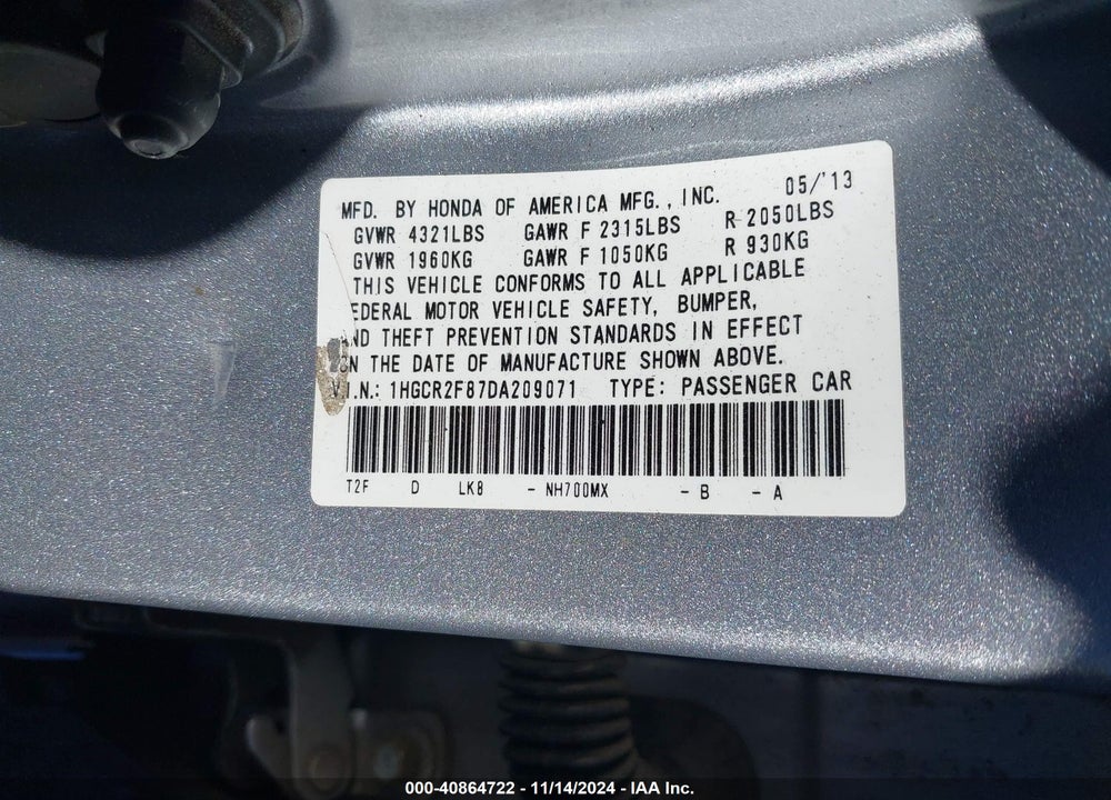 2013 HONDA ACCORD EX-L VIN: 1HGCR2F87DA209071