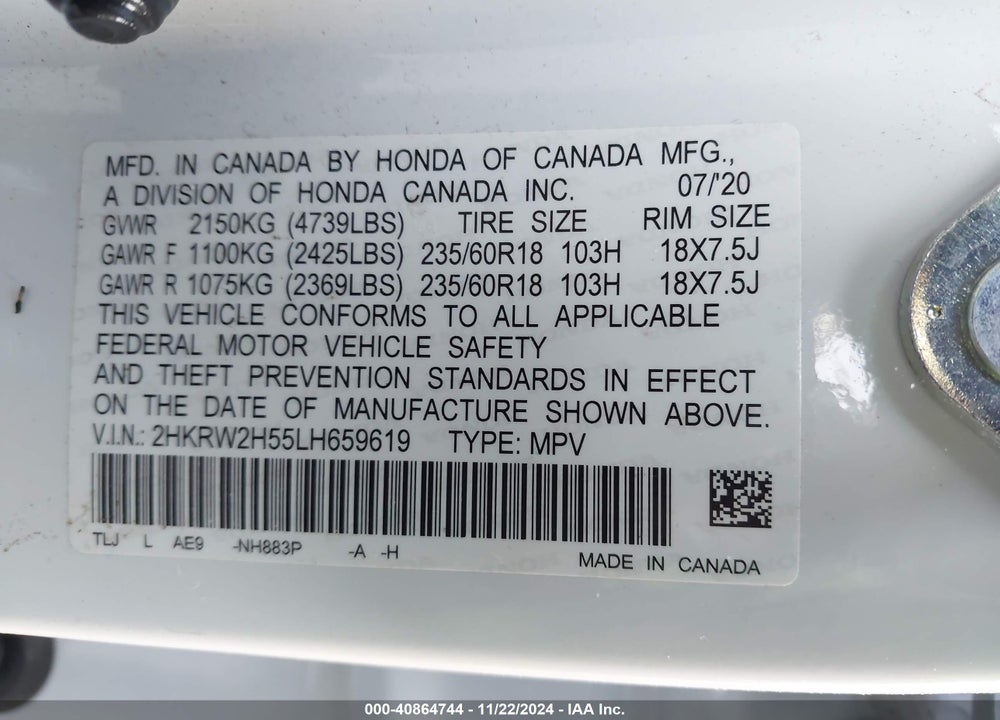 2020 HONDA CR-V AWD EX VIN: 2HKRW2H55LH659619