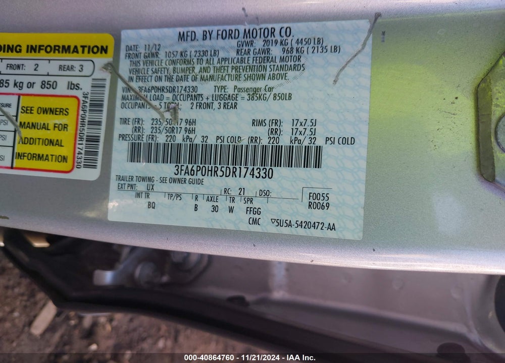 2013 FORD FUSION SE VIN: 3FA6P0HR5DR174330