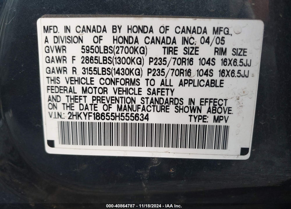 2005 HONDA PILOT EX-L VIN: 2HKYF18655H555634