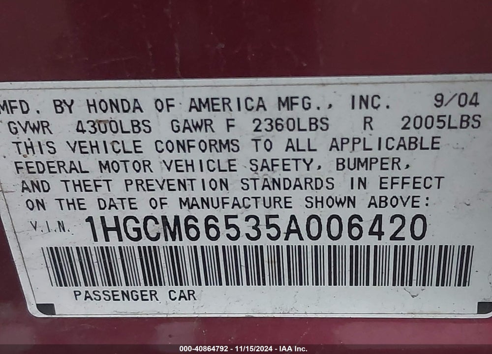 2005 HONDA ACCORD 3.0 EX VIN: 1HGCM66535A006420