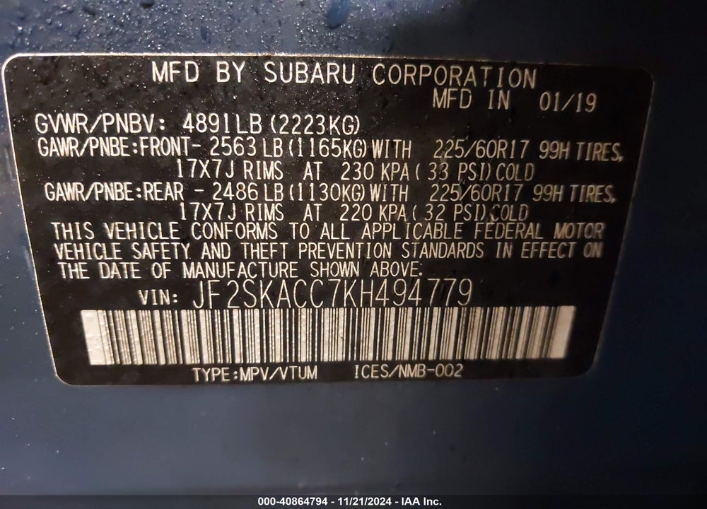 2019 SUBARU FORESTER VIN: JF2SKACC7KH494779