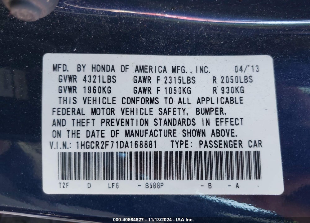 2013 HONDA ACCORD EX VIN: 1HGCR2F71DA168881