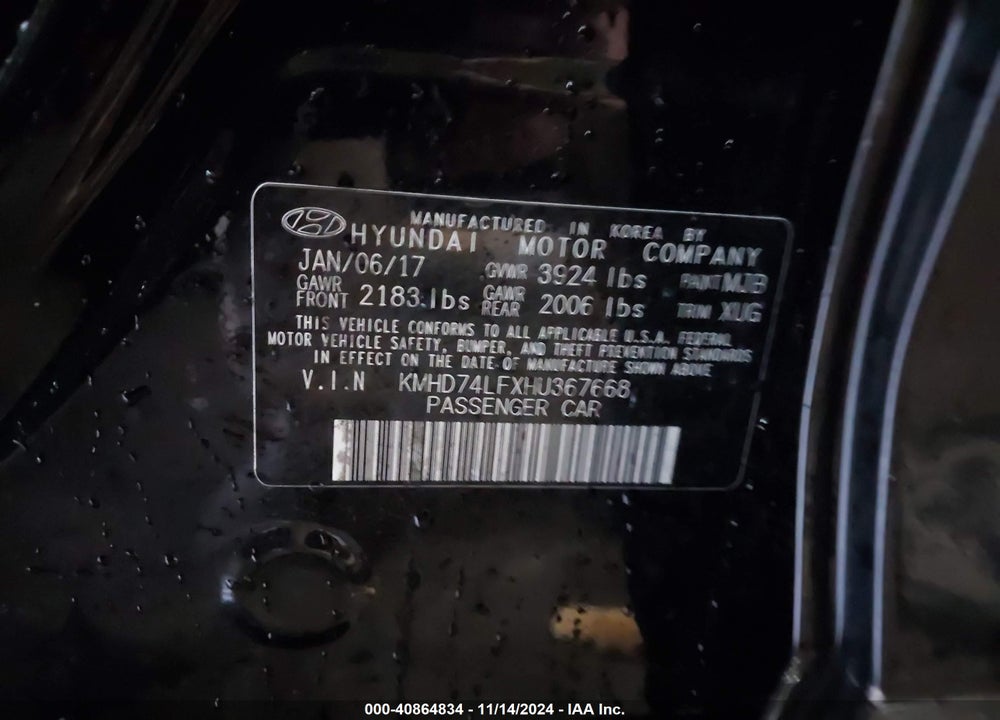 2017 HYUNDAI ELANTRA VIN: KMHD74LFXHU367668