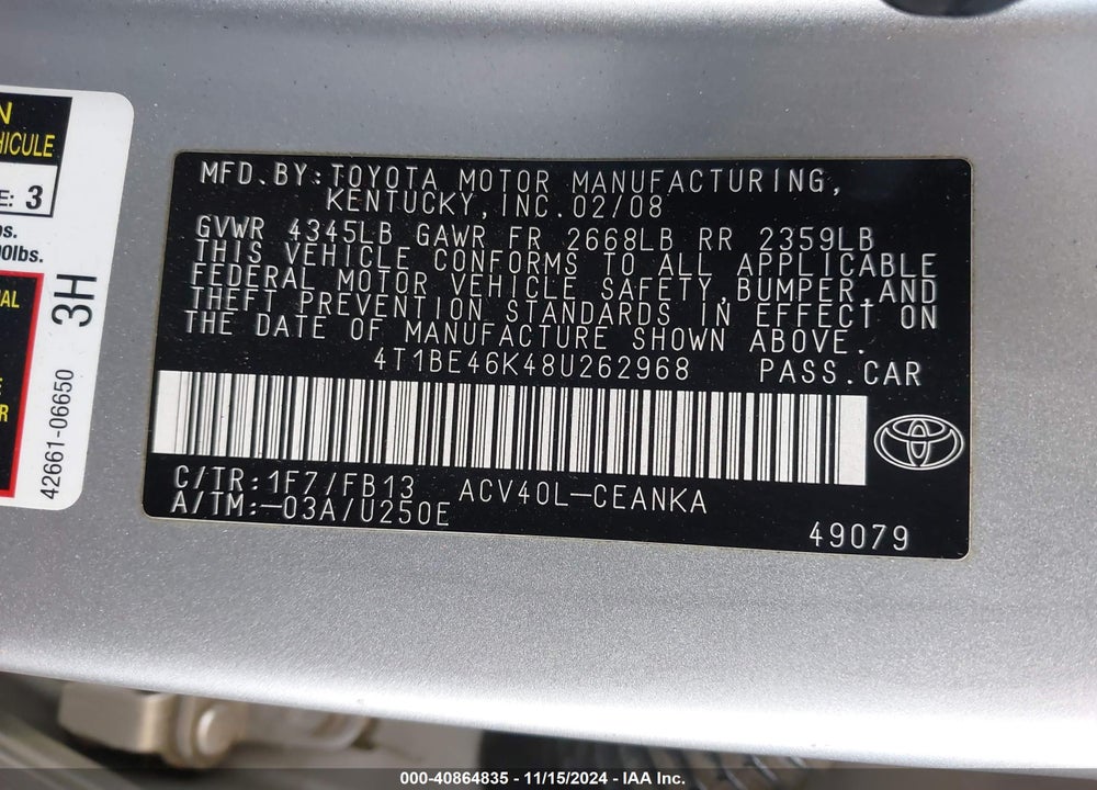2008 TOYOTA CAMRY LE VIN: 4T1BE46K48U262968