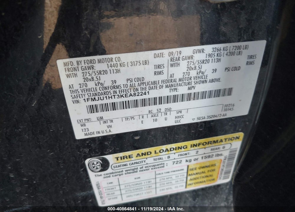 2019 FORD EXPEDITION XLT VIN: 1FMJU1HT3KEA82241