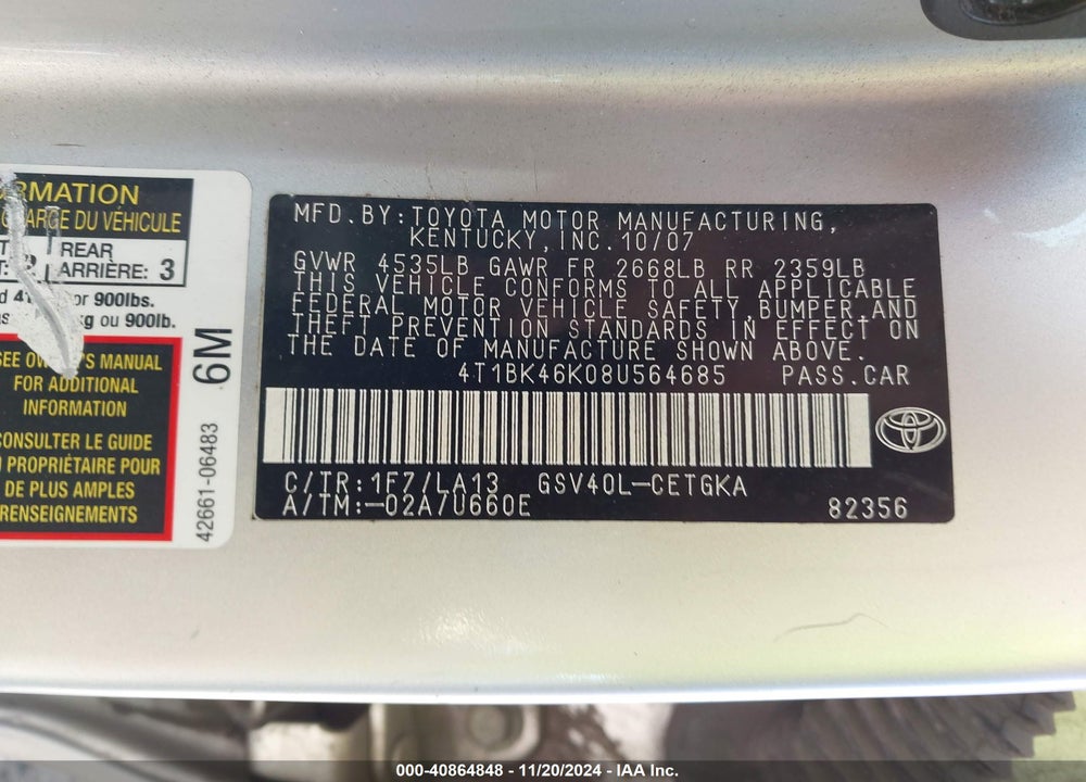 2008 TOYOTA CAMRY VIN: 4T1BK46K08U564685