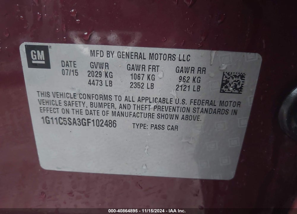2016 CHEVROLET MALIBU LIMITED LT VIN: 1G11C5SA3GF102486
