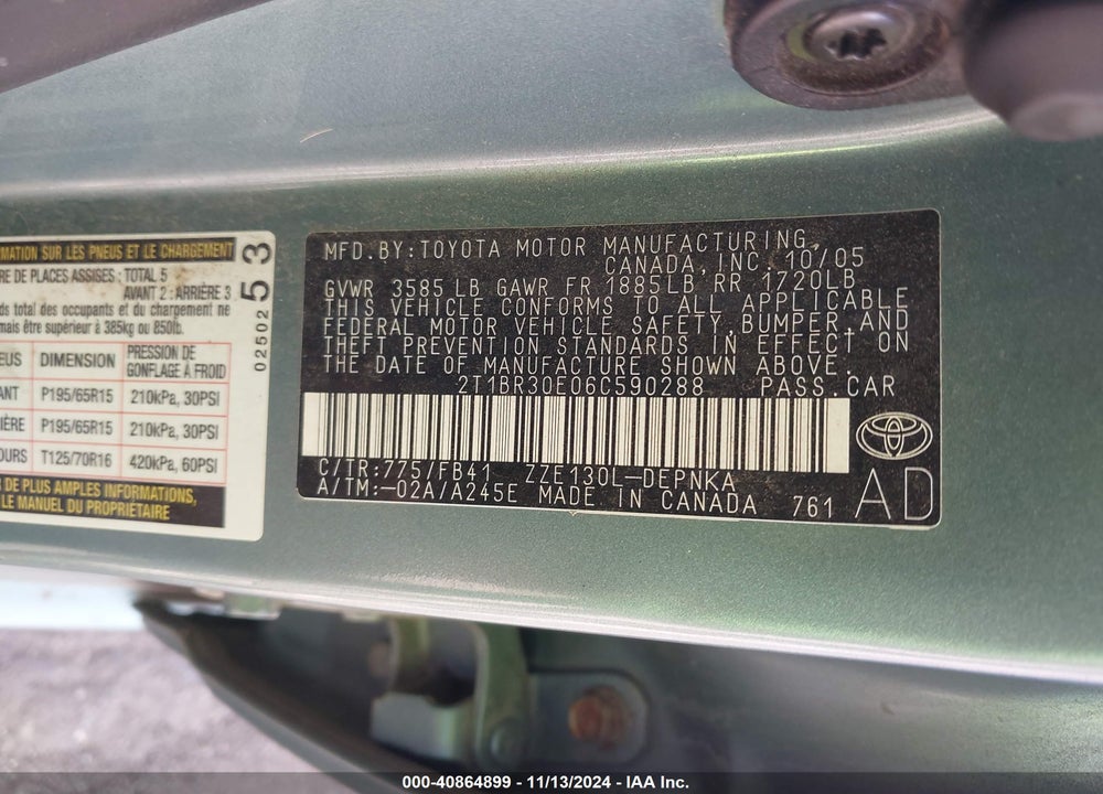 2006 TOYOTA COROLLA LE VIN: 2T1BR30E06C590288