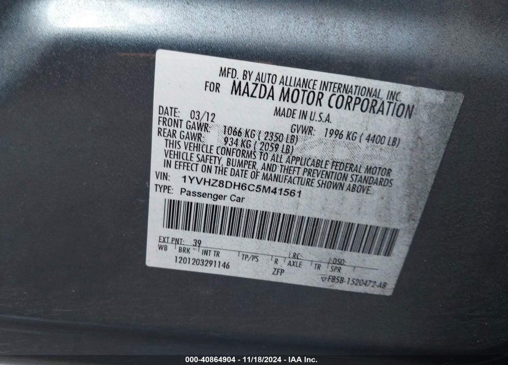 2012 MAZDA 6 I TOURING VIN: 1YVHZ8DH6C5M41561
